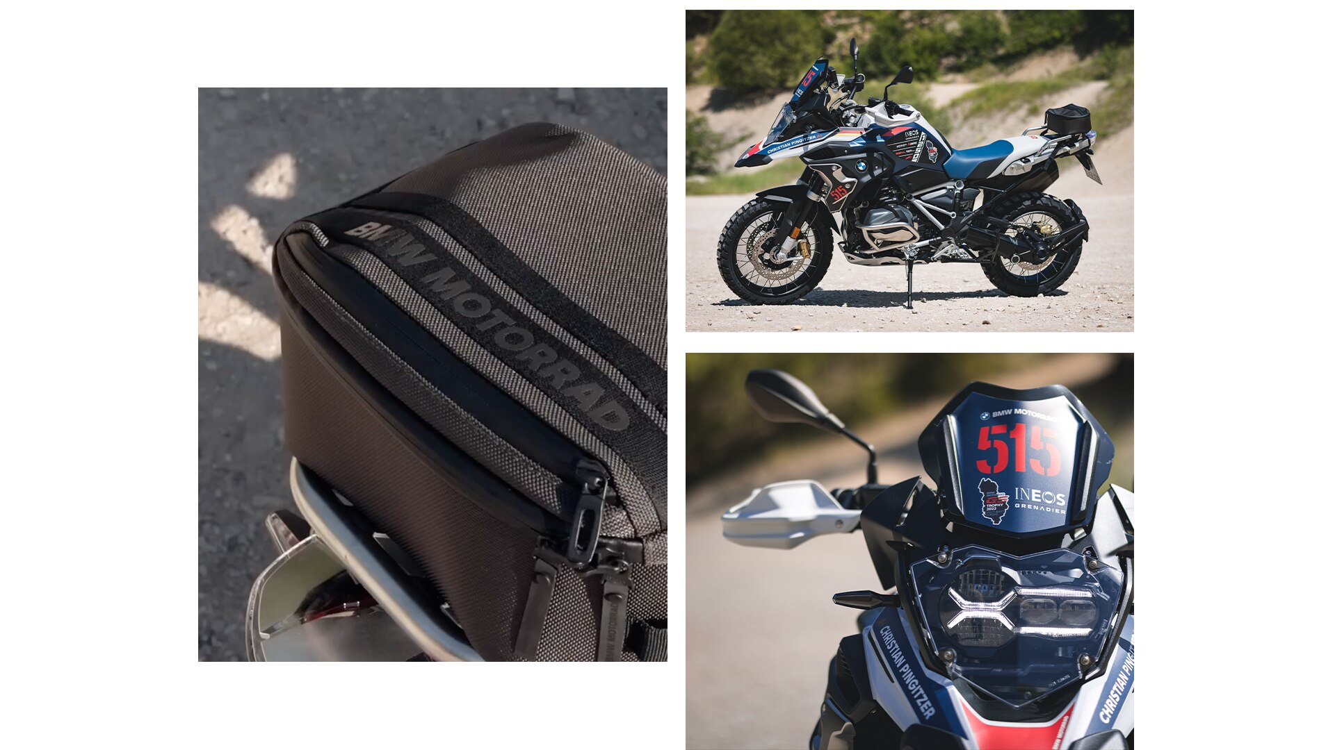 Detailed shots of the bike, such as the engine guard, the headlight protective apron and the bike in profile