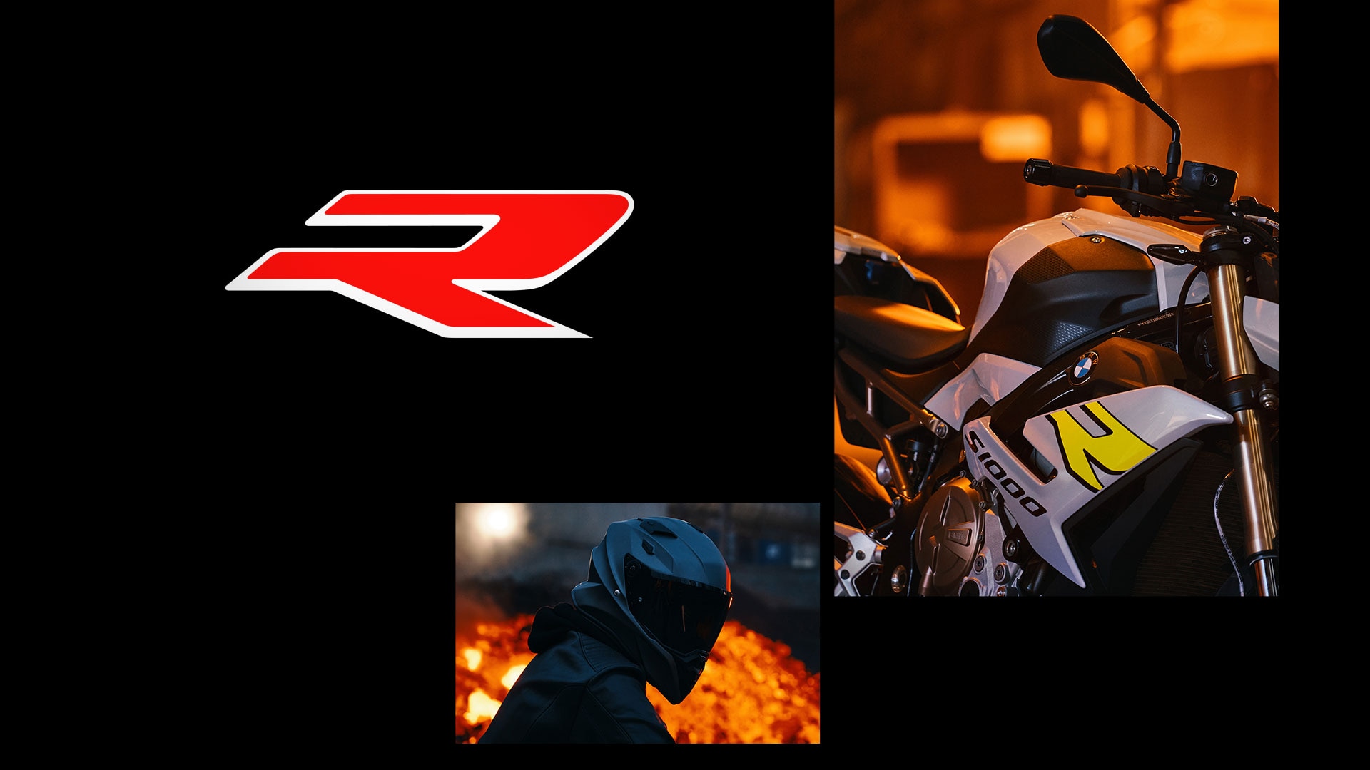 We see a collage of the S 1000 R in Hockenheim Silver with three individual pictures consisting of a side view, a view of the R side fairing and the rider.